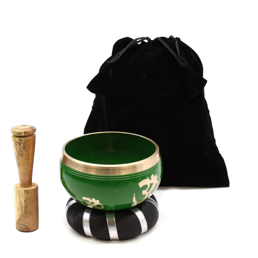 Alt Tag: Brass Tibetan Singing Bowl Set – Green 10.7 CM with wooden striker, cushion ring and black carry pouch