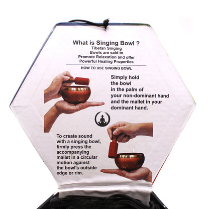Brass Tibetan Singing Bowl Set – Green 10.7 CM instruction card showing how to hold bowl and mallet and rub rim in circular motion