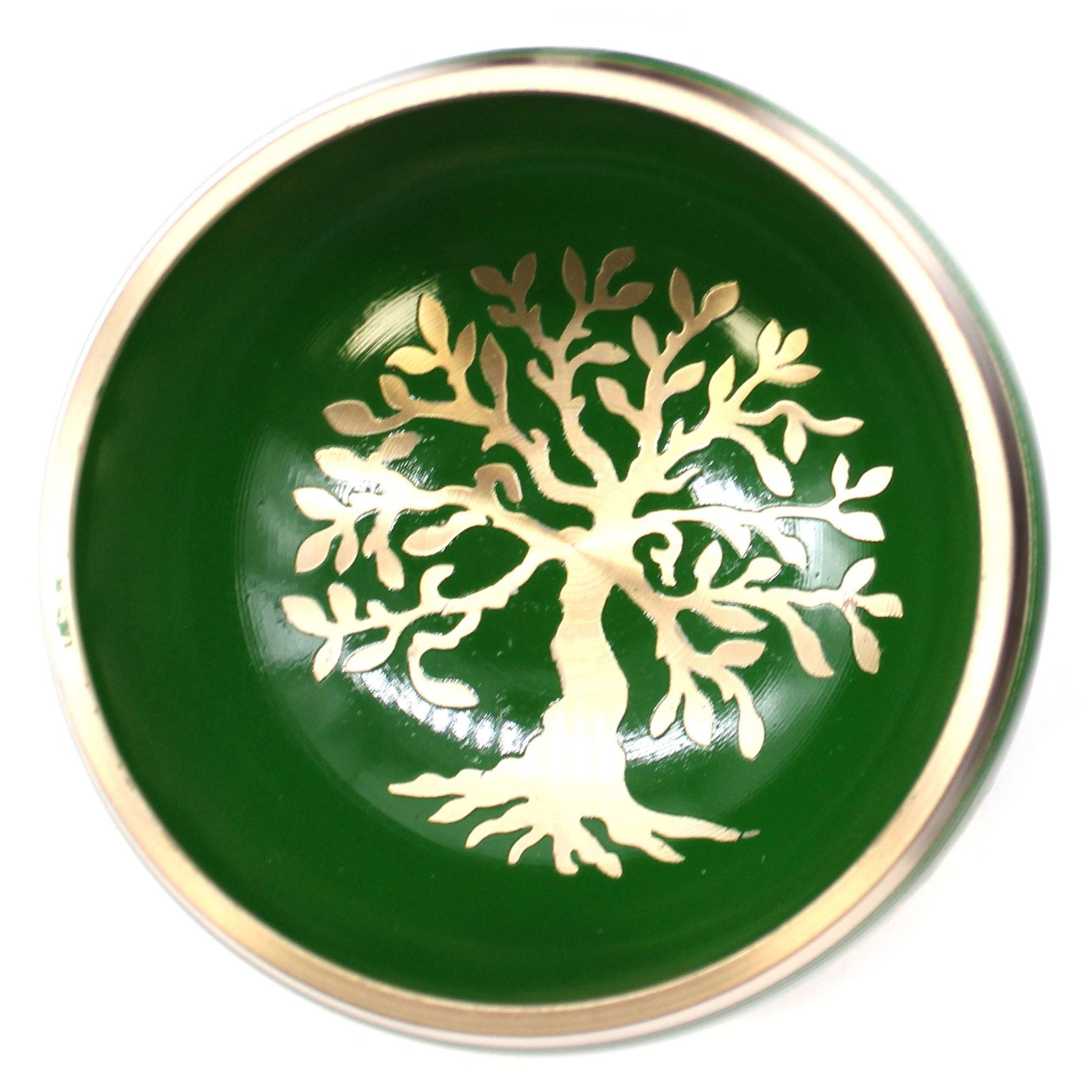 Alt Tag: Brass Tibetan Singing Bowl Set – Green 10.7 CM, green brass bowl with Tree of Life design, top view