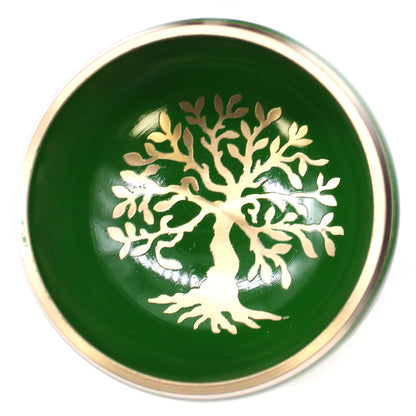 Alt Tag: Brass Tibetan Singing Bowl Set – Green 10.7 CM, green brass bowl with Tree of Life design, top view