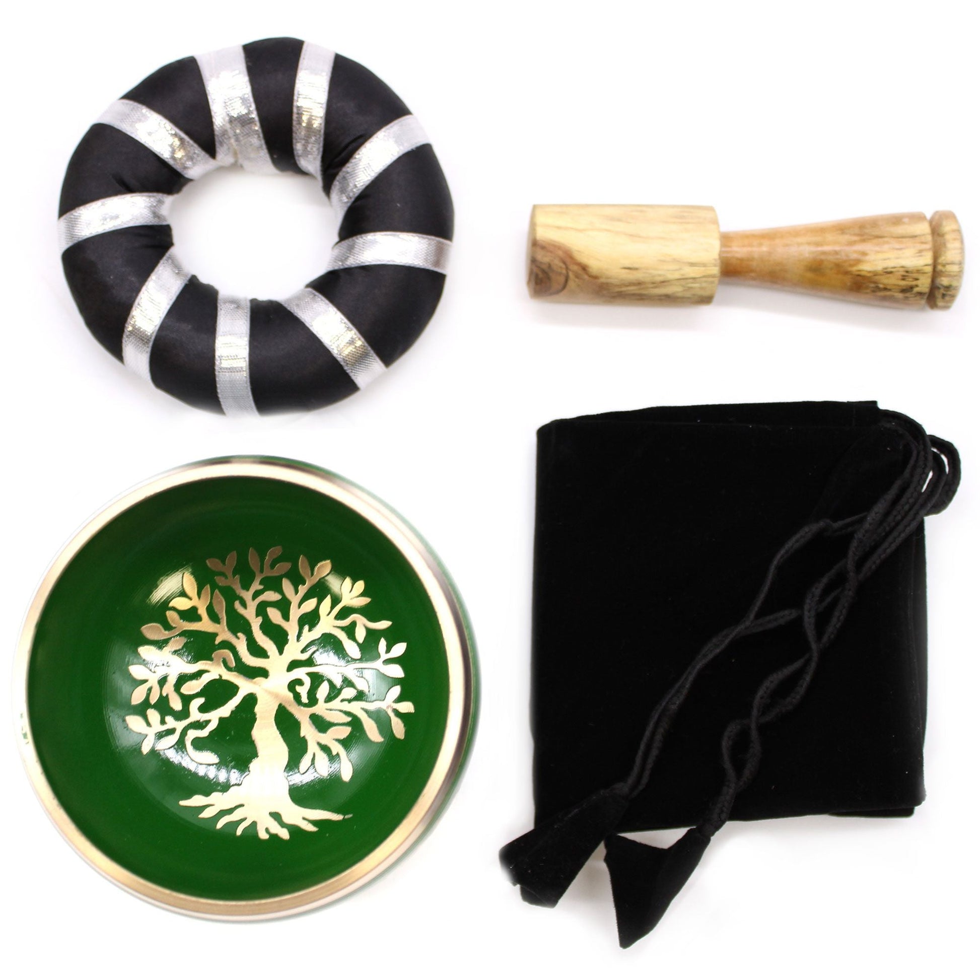 Alt Tag: Brass Tibetan Singing Bowl Set – Green 10.7 CM with Tree of Life design, wooden striker, black cushion ring and pouch
