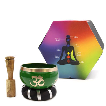 Brass Tibetan Singing Bowl Set – Green 10.7 CM with green brass bowl, wooden striker, cushion, and chakra design gift box