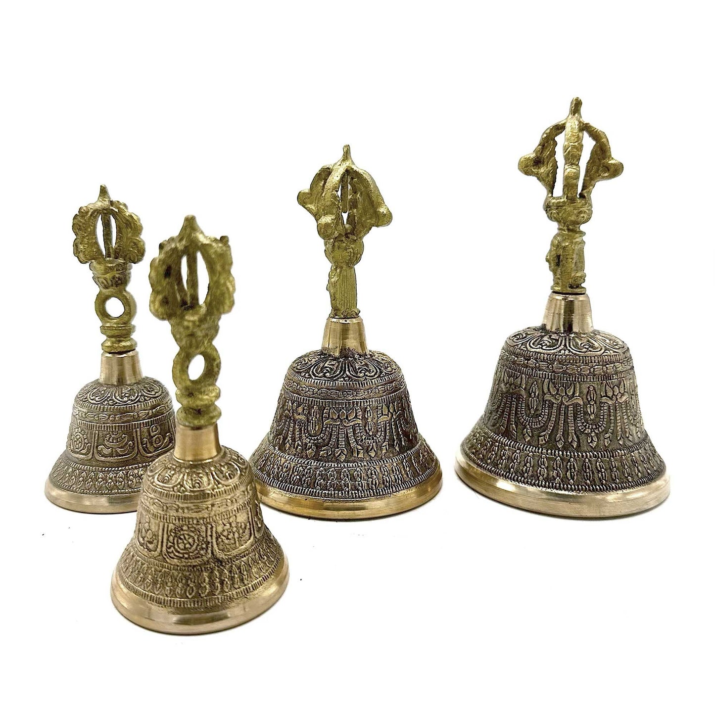 Alt Tag: Brass Tibetan Tingsha Bell – 6x11.5 CM brass meditation bell set with ornate Tibetan engraved design