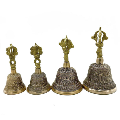 Brass Tibetan Tingsha Bell – 6x11.5 CM, brass ritual bell with ornate Tibetan-style engravings, shown in multiple sizes