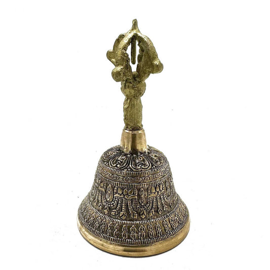Alt-Tag: Tibetische Tingsha-Glocke aus Messing – 7,5x13 CM aus Messing mit traditionellen Gravuren und dekorativem Griff, Glocke für Altar oder Meditation
