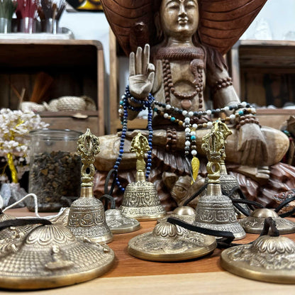 Brass Tibetan Tingsha Bell – 7.5x13 CM brass tingsha cymbals set on altar with Buddha statue, meditation decor