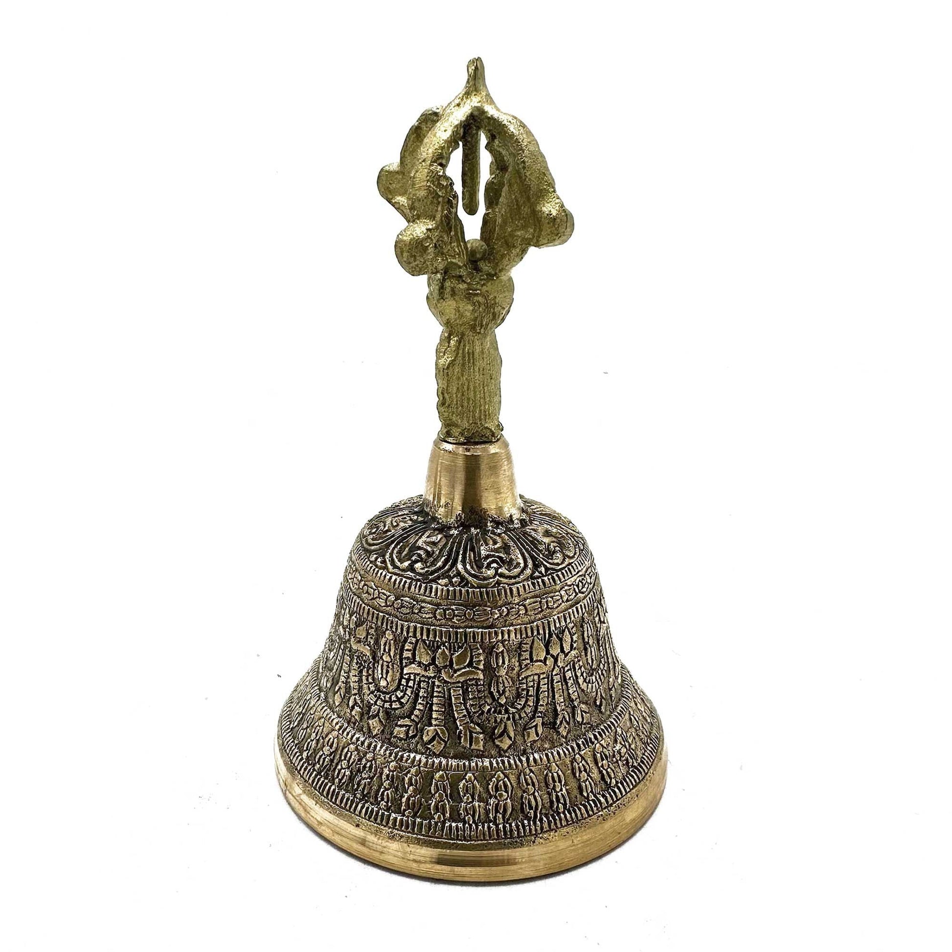 Tibetansk tingsha-klocka i mässing – 8x15 CM, graverad tibetansk mässingsklocka med vajra-handtag för meditation och dekoration