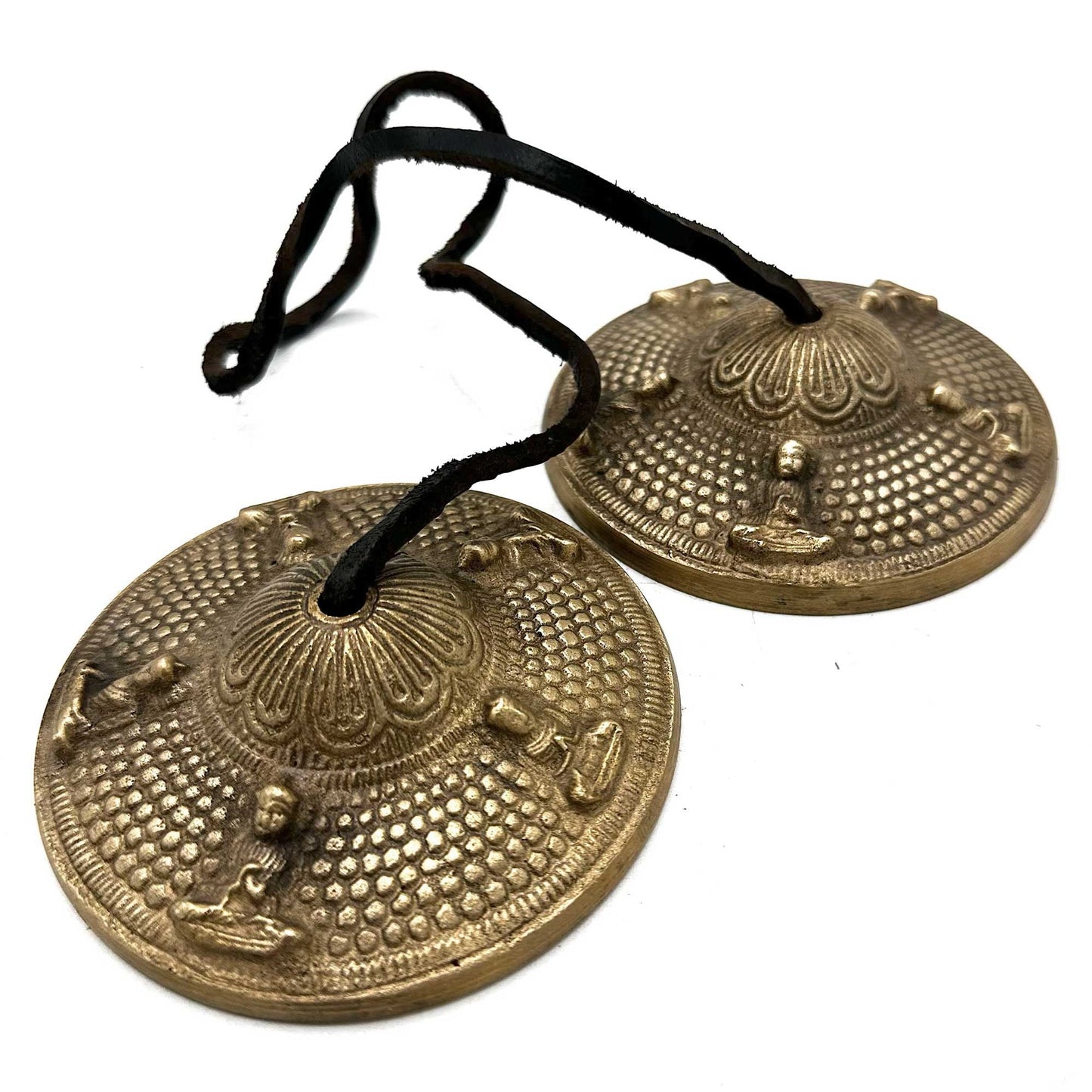 Brass Tibetan Tingsha Bells – 9.5 CM, par de campanas tingsha de latón con diseño Five Buddha y cordón negro