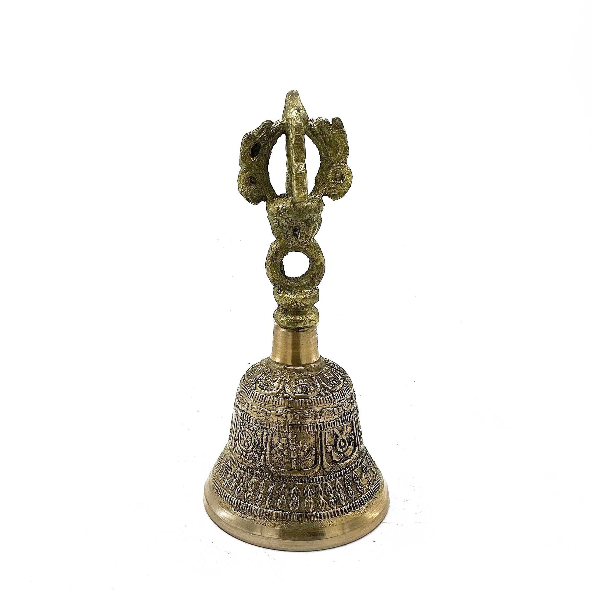 Brass Tingsha Bell – 5x11 CM handmade brass meditation chime with ornate engraved bell and decorative handle, product photo