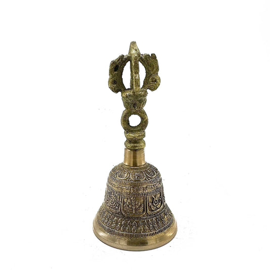 Brass Tingsha Bell – 5x11 CM handmade brass meditation chime with ornate engraved bell and decorative handle, product photo
