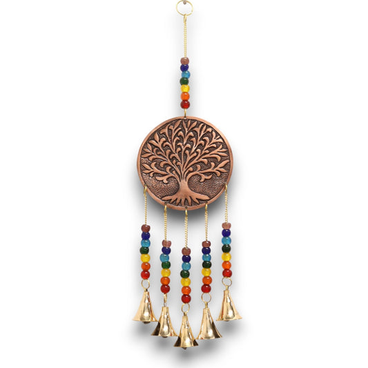 Brass Tree of Life Chakra Wind Chimes – 10x36 CM with brass tree of life medallion, colorful chakra beads, and hanging bells