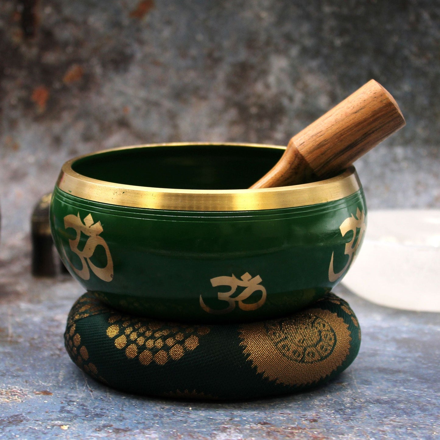 Alt Tag: Brass Tree of Life Singing Bowl Set – Green 14CM, green brass bowl with wooden striker and cushion, Om symbol detail