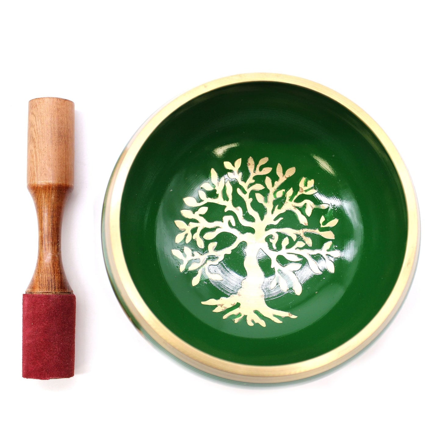Brass Tree of Life Singing Bowl Set – Green 14CM with wooden striker and green bowl featuring gold Tree of Life design