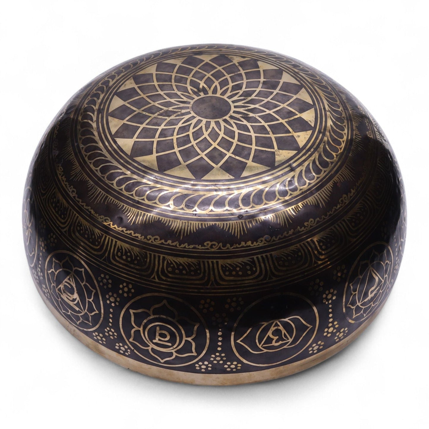 Brass Vibrational Standing Singing Bowl – 50x20CM solid brass standing singing bowl with engraved mandala pattern, 50cm diameter