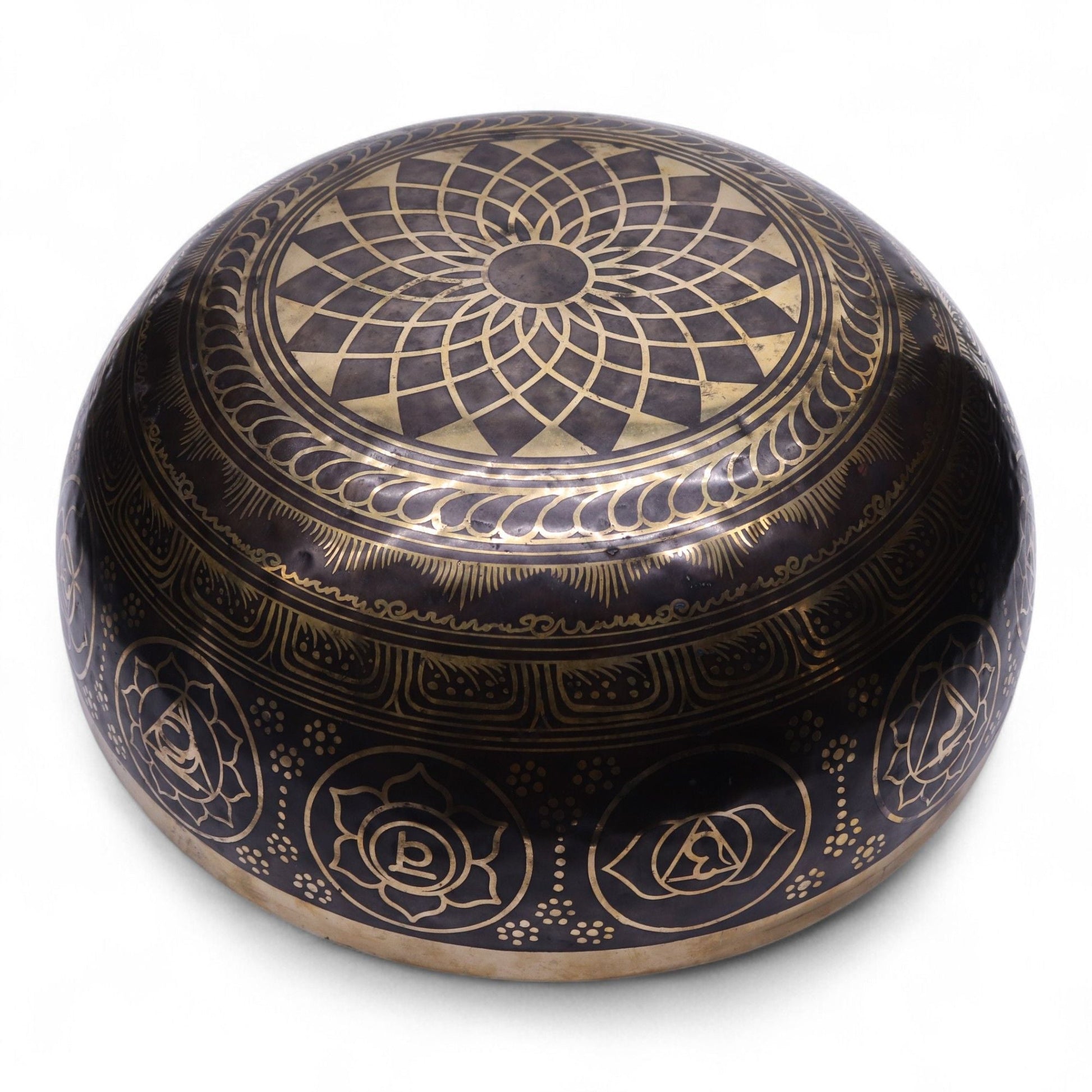 Brass Vibrational Standing Singing Bowl – 50x20CM solid brass standing singing bowl with engraved mandala pattern, 50cm diameter