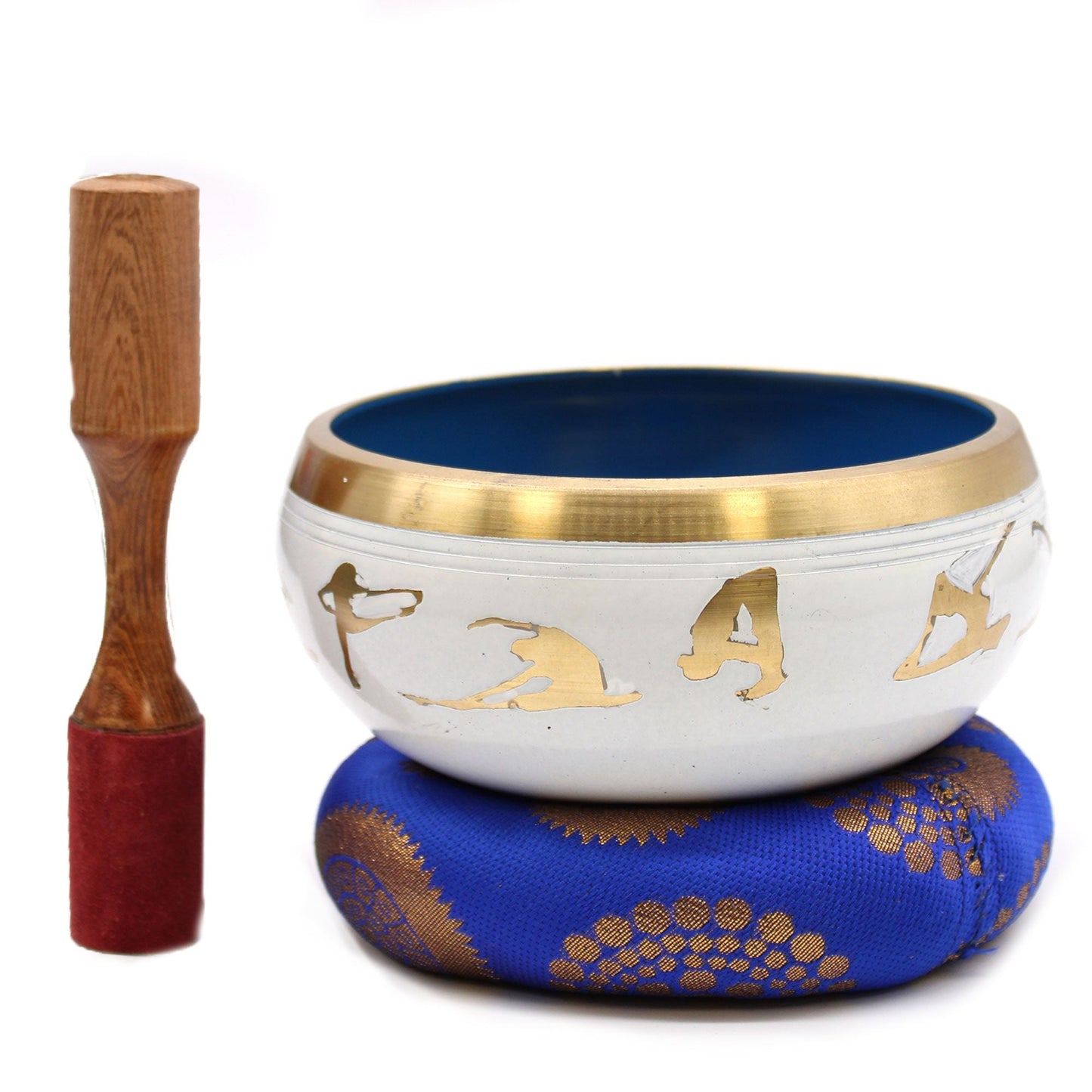 Alt Tag: Brass and Wood Tibetan Singing Bowl – White/Blue 14CM with wooden mallet and blue cushion, 14cm brass bowl set