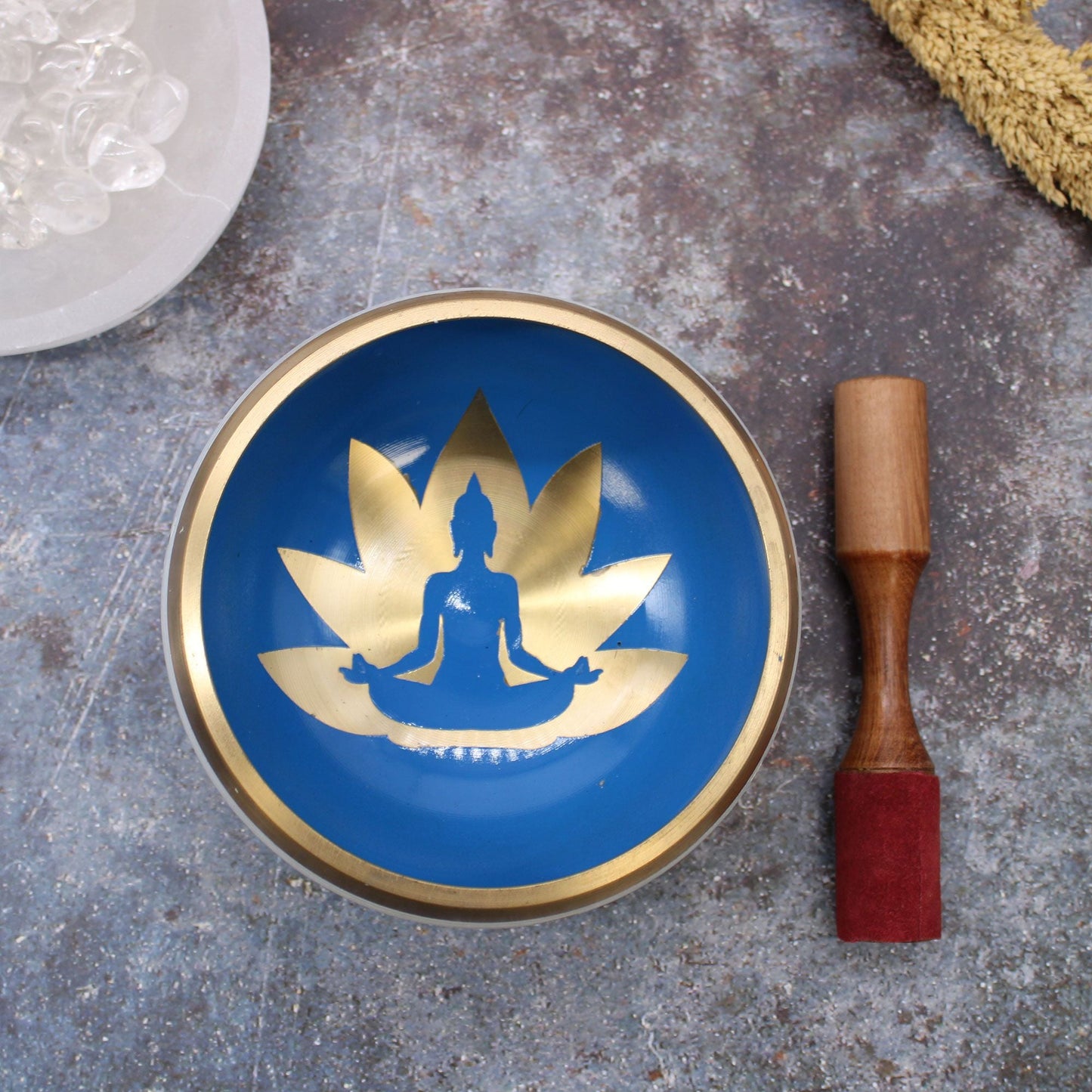 Alt Tag: Brass and Wood Tibetan Singing Bowl – White/Blue 14CM, blue brass bowl with lotus meditation design and wooden mallet