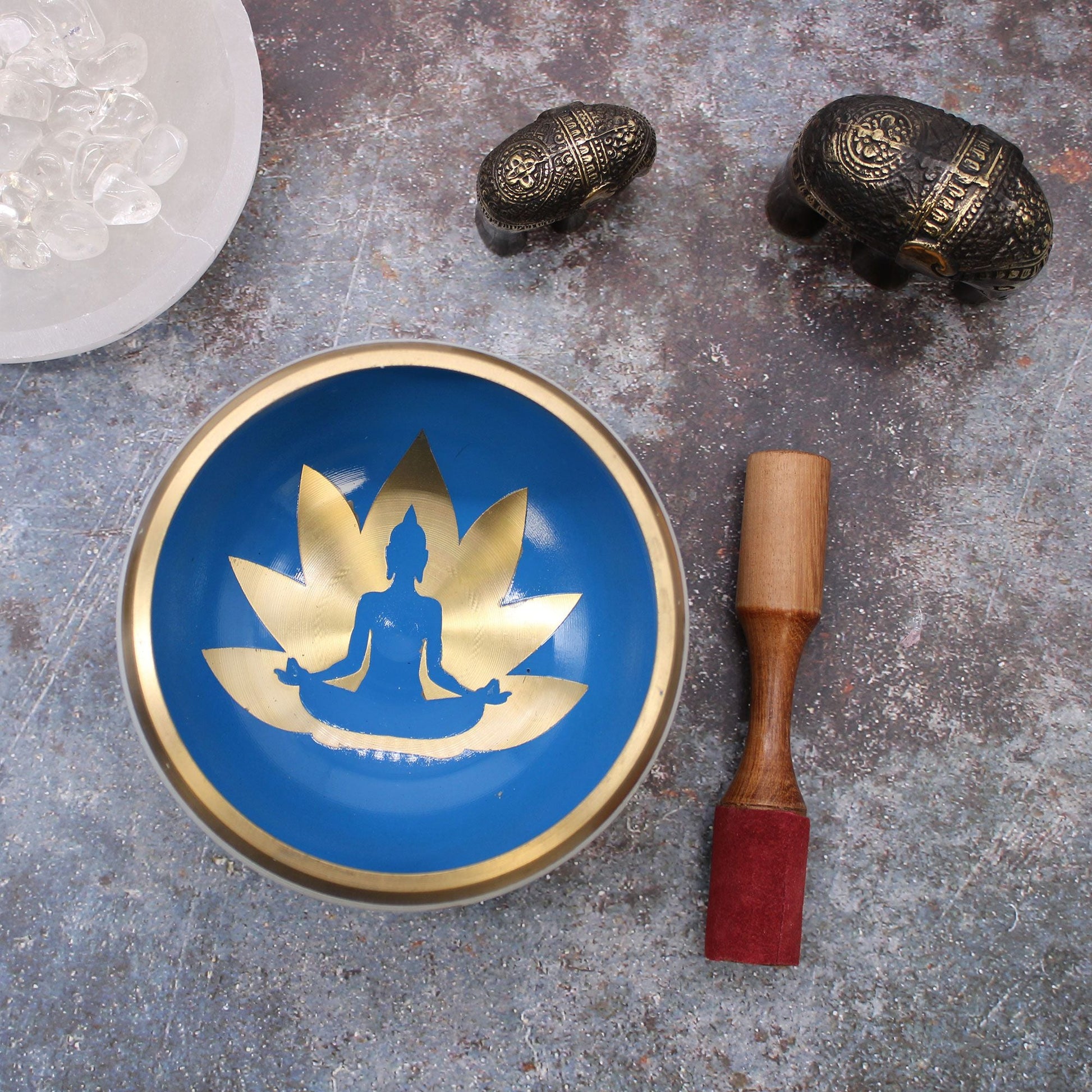 Alt Tag: Brass and Wood Tibetan Singing Bowl – White/Blue 14CM with wooden mallet, blue bowl with gold lotus meditation design