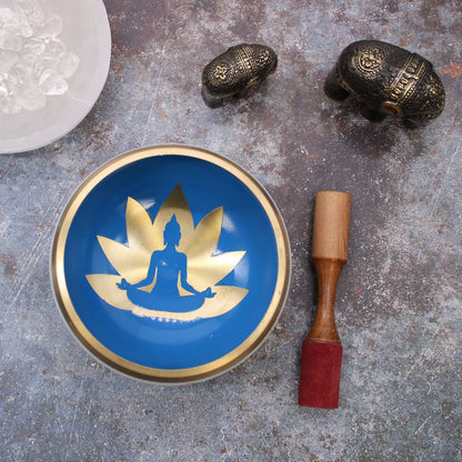 Alt Tag: Brass and Wood Tibetan Singing Bowl – White/Blue 14CM with wooden mallet, blue bowl with gold lotus meditation design