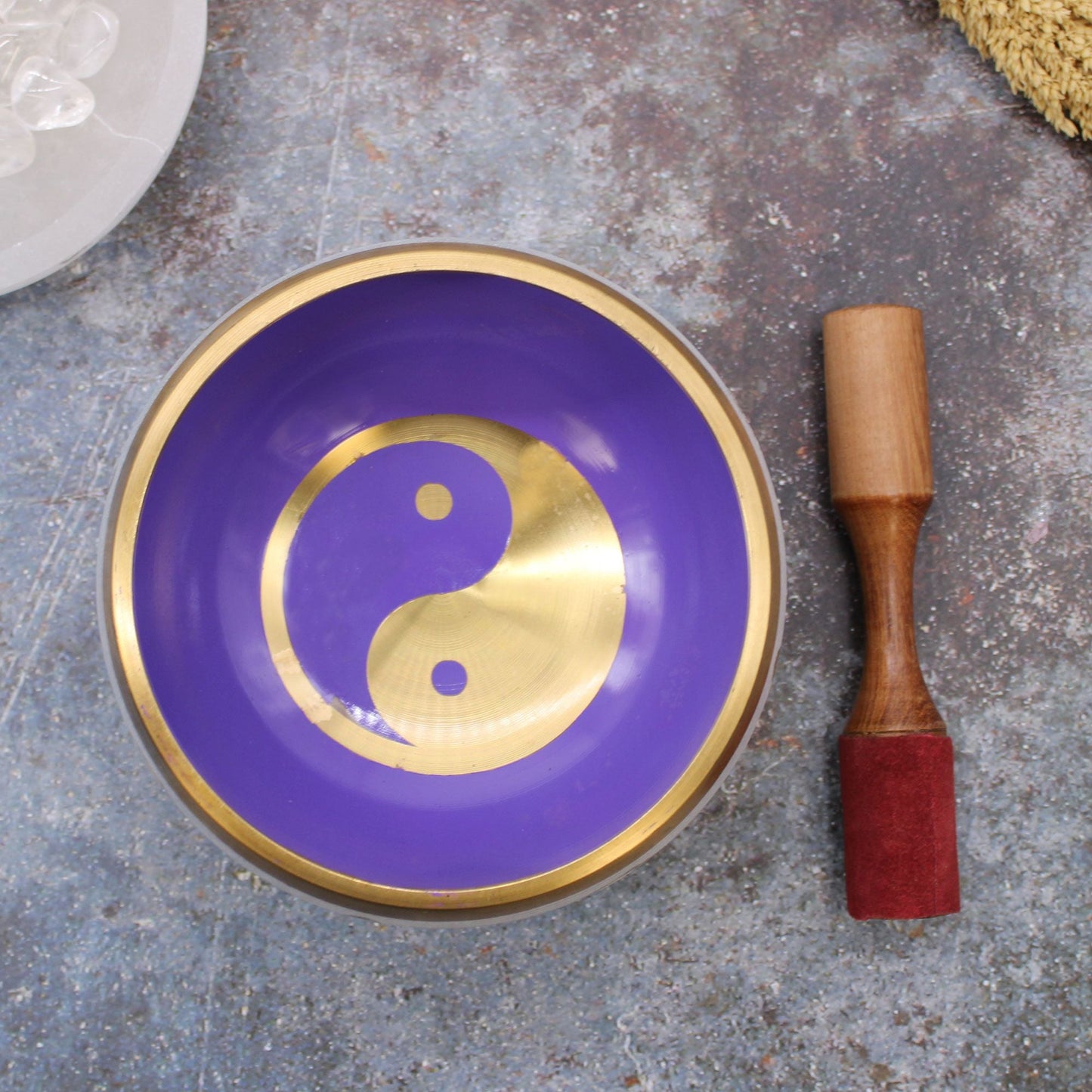 Brass Yin-Yang Singing Bowl Set – White/Purple 14CM brass singing bowl with purple interior yin-yang design and wooden mallet