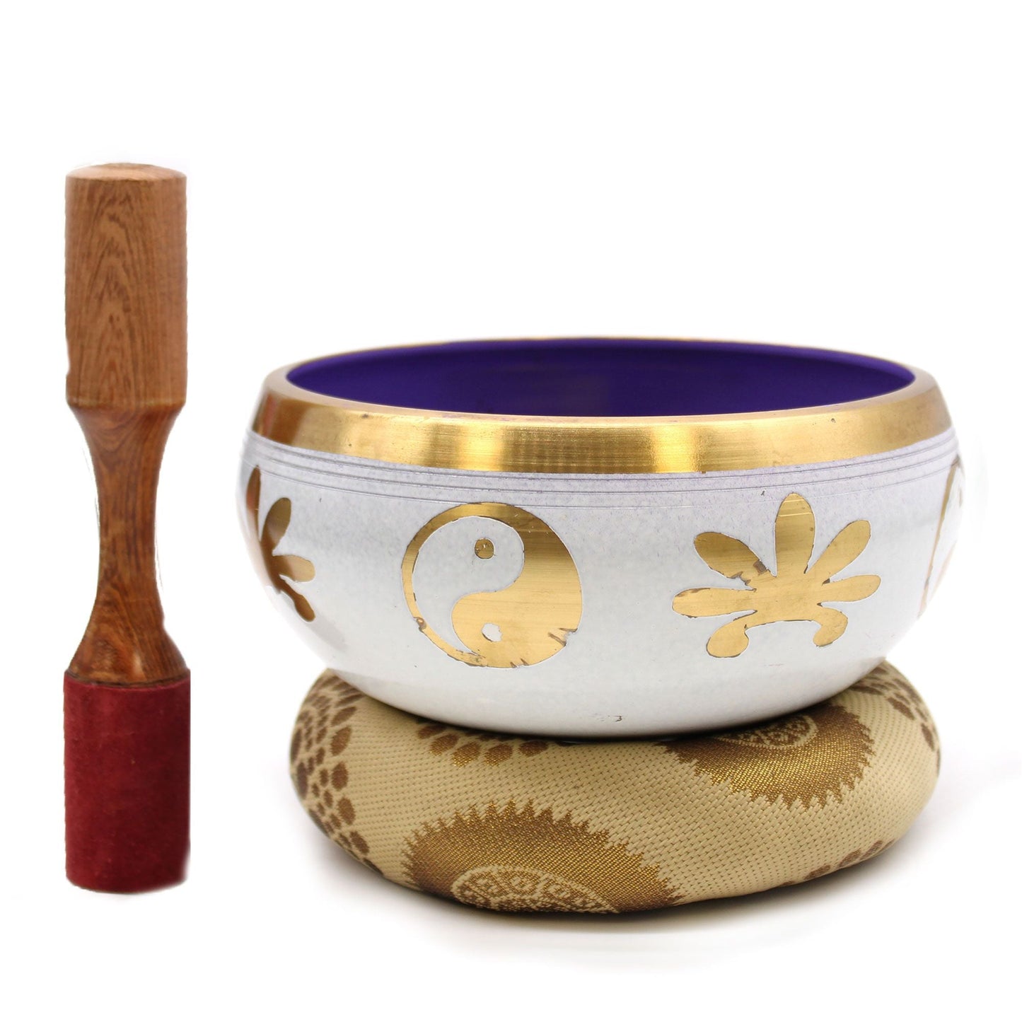 Alt Tag: Brass Yin-Yang Singing Bowl Set – White/Purple 14CM, brass singing bowl with wooden mallet and cushion, 14 cm diameter