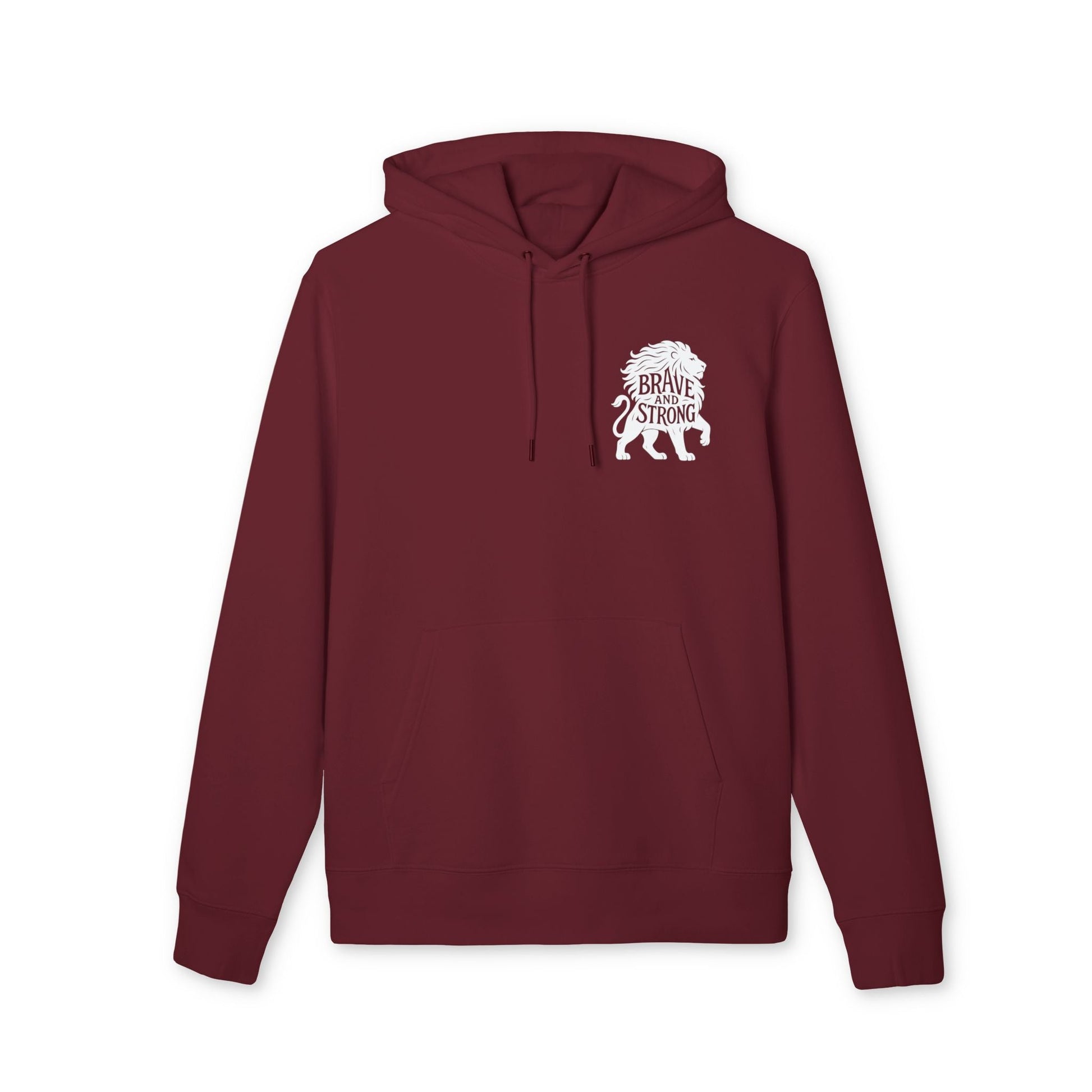 Brave and Strong Lion Premium Unisex Hoodie in burgundy organic cotton with small lion graphic on left chest