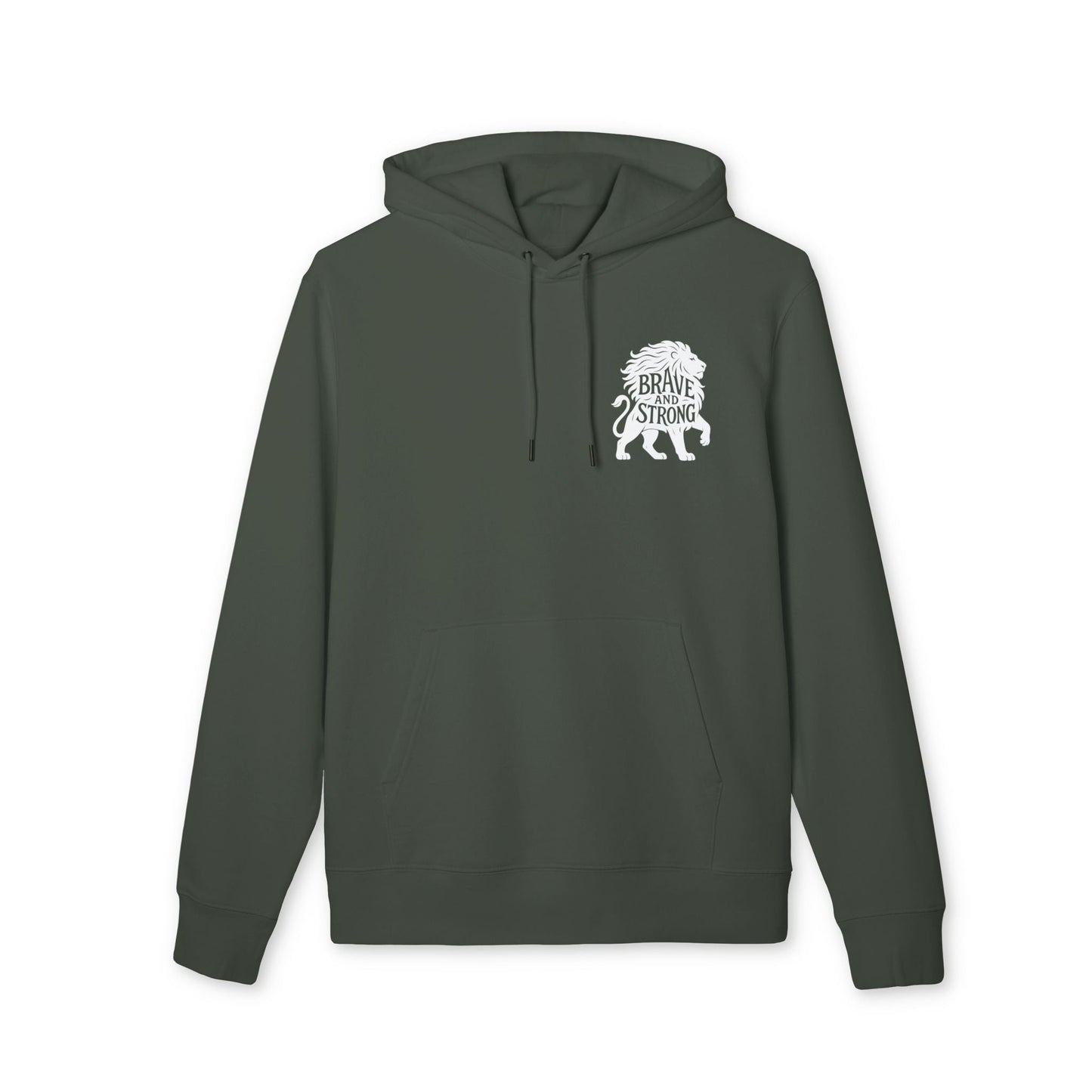 Alt Tag: Brave and Strong Lion Premium Unisex Hoodie verde oscuro con capucha y bolsillo canguro, estampado de león "Brave Strong" en el pecho