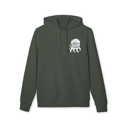 Alt Tag: Brave and Strong Lion Premium Unisex Hoodie verde oscuro con capucha y bolsillo canguro, estampado de león "Brave Strong" en el pecho