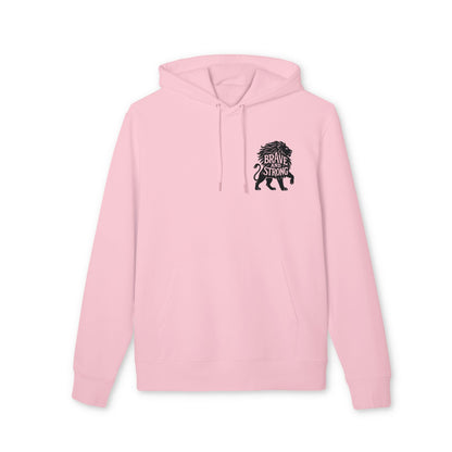 Brave and Strong Lion Premium Unisex Hoodie in light pink organic cotton, front view with lion "BRAVE & STRONG" chest graphic