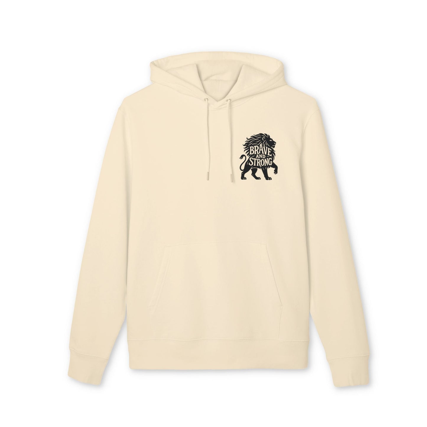 Alt Tag: Brave and Strong Lion Premium Unisex Hoodie in color crema con capucha y bolsillo canguro, estampado pequeño de león “Brave Strong”