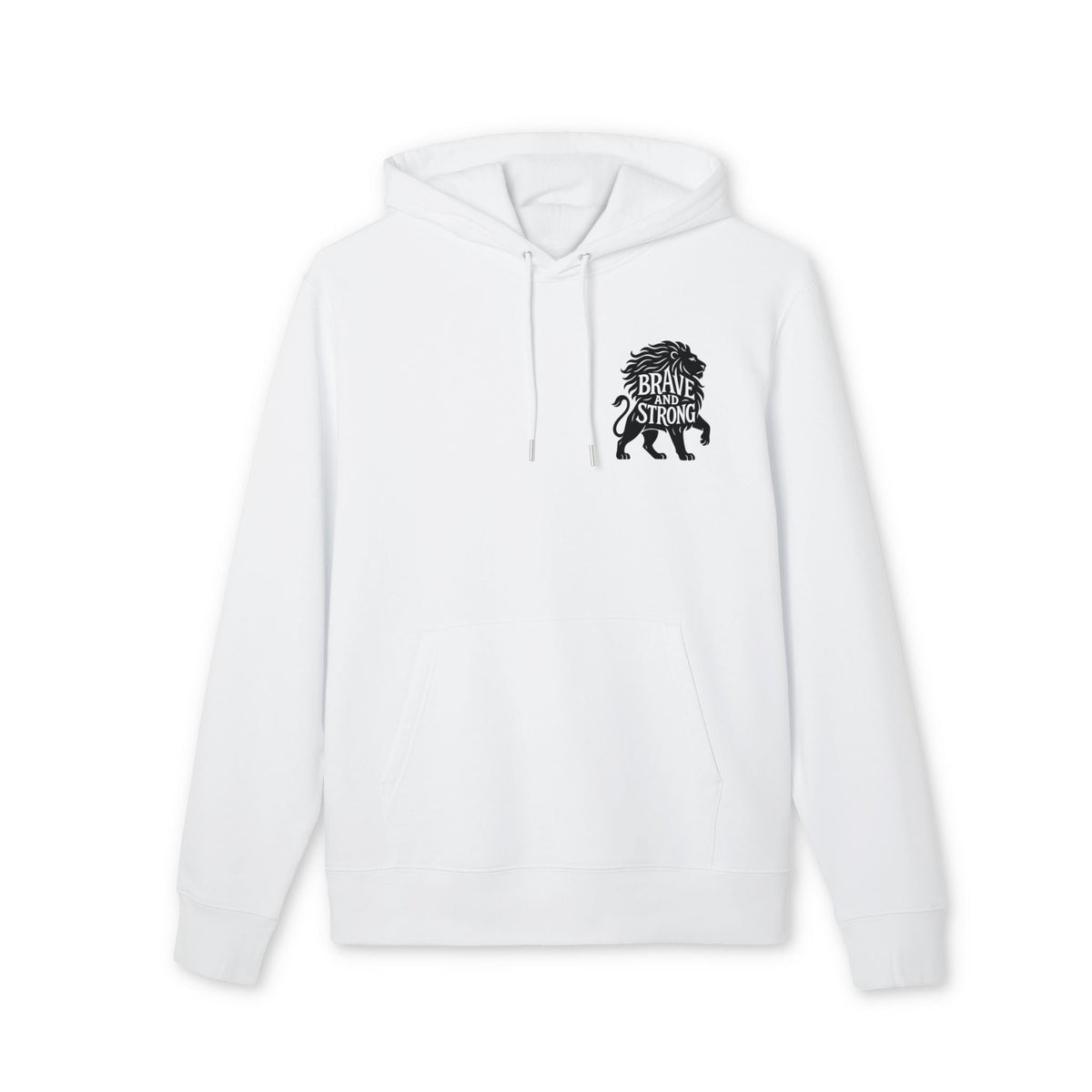Brave and Strong Lion Premium Unisex Hoodie white organic cotton pullover with hood and Brave Strong lion graphic on chest