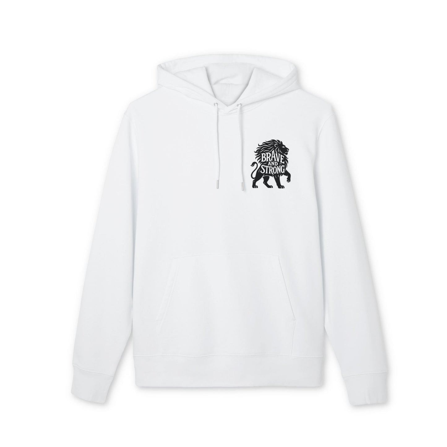 Brave and Strong Lion Premium Unisex Hoodie white organic cotton pullover with hood and Brave Strong lion graphic on chest