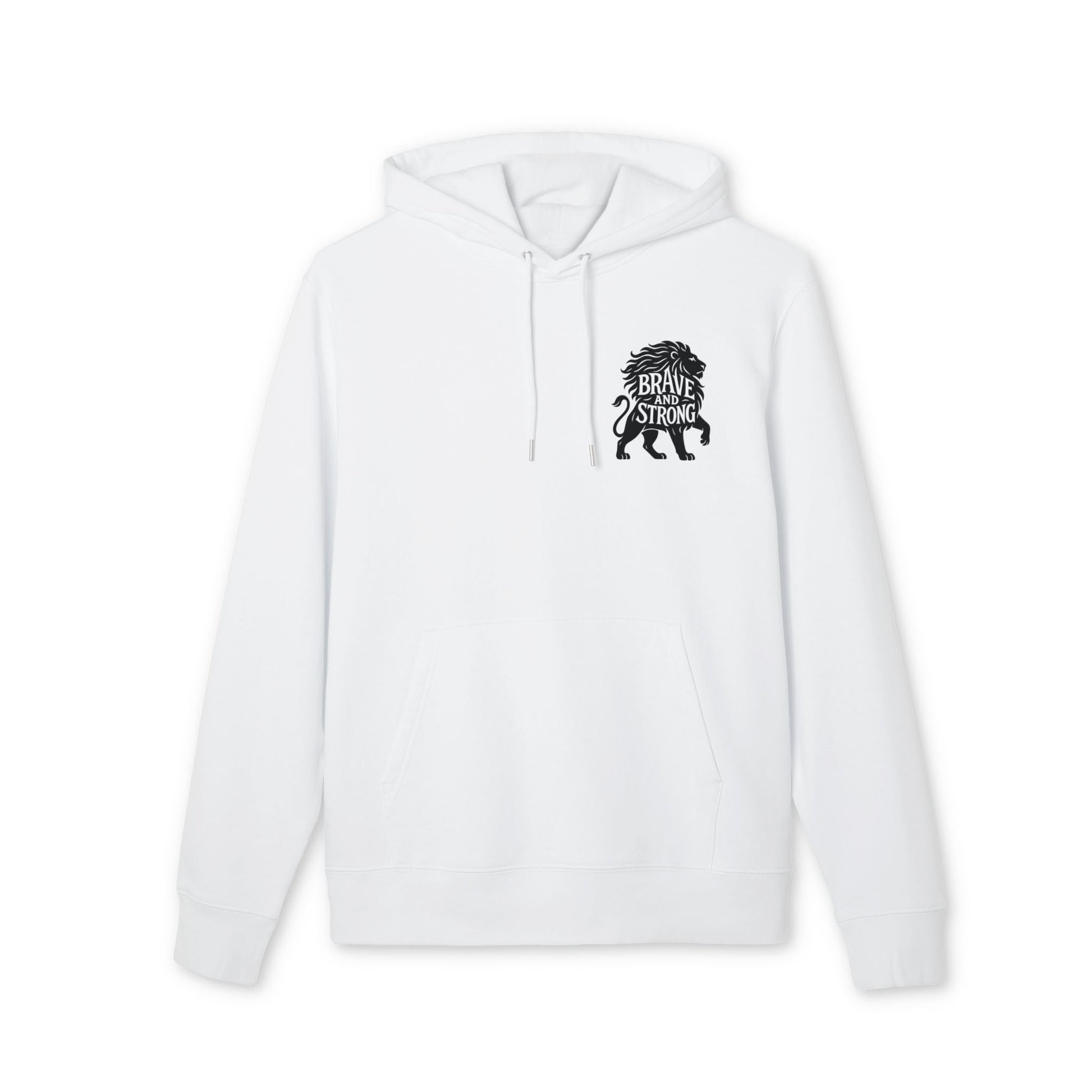 Brave and Strong Lion Premium Unisex Hoodie white organic cotton pullover with hood and Brave Strong lion graphic on chest