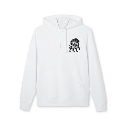 Brave and Strong Lion Premium Unisex Hoodie white organic cotton pullover with hood and Brave Strong lion graphic on chest