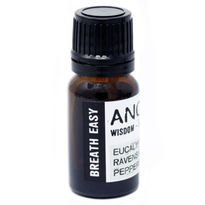 Alt-tag: Breath Easy eterisk oljeblandning – 10 ML, 10 ml bärnstensfärgad flaska med etiketten Breath Easy, blandning av eukalyptus, ravensara och mynta