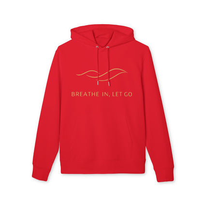 Alt Tag: Breath In Let Go Yoga Hoodie 100% Organic Cotton red unisex pullover hoodie with drawstring and "BREATHE IN, LET GO" graphic