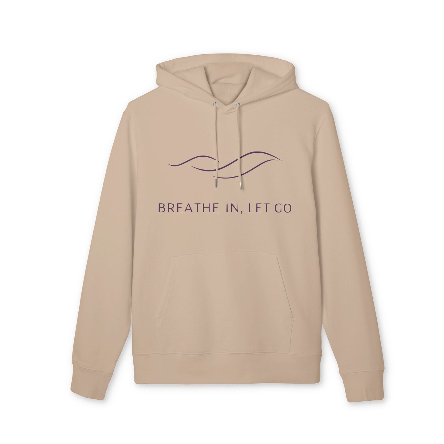 Alt Tag: Breath In Let Go Yoga Hoodie 100% Organic Cotton beige unisex pullover hoodie with drawstring and “Breathe in, let go” front print