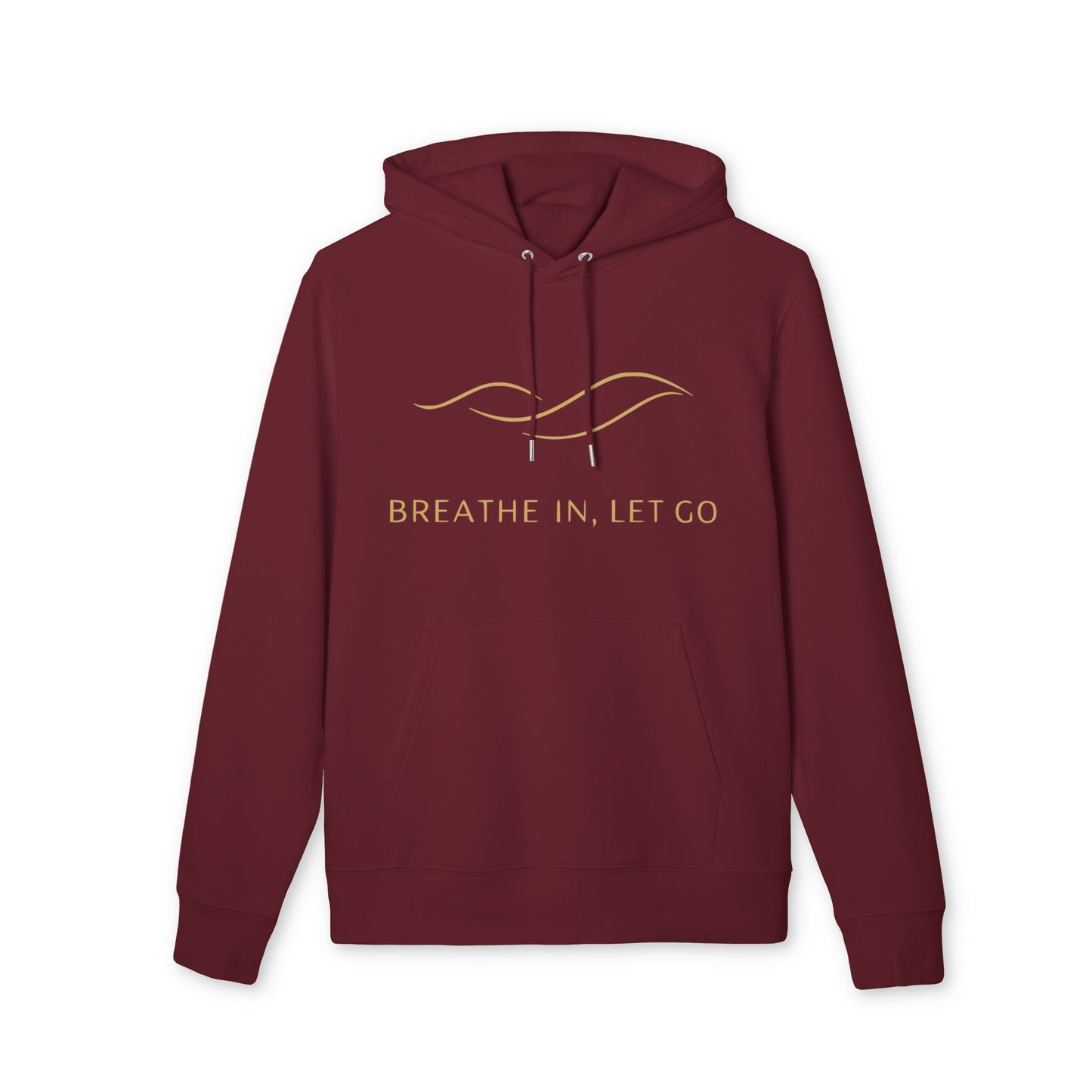 Alt Tag: Breath In Let Go Yoga Hoodie 100% Organic Cotton unisex burgundy pullover hoodie with drawstring and “Breathe In, Let Go” front print