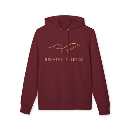 Alt Tag: Breath In Let Go Yoga Hoodie 100% Organic Cotton unisex burgundy pullover hoodie with drawstring and “Breathe In, Let Go” front print