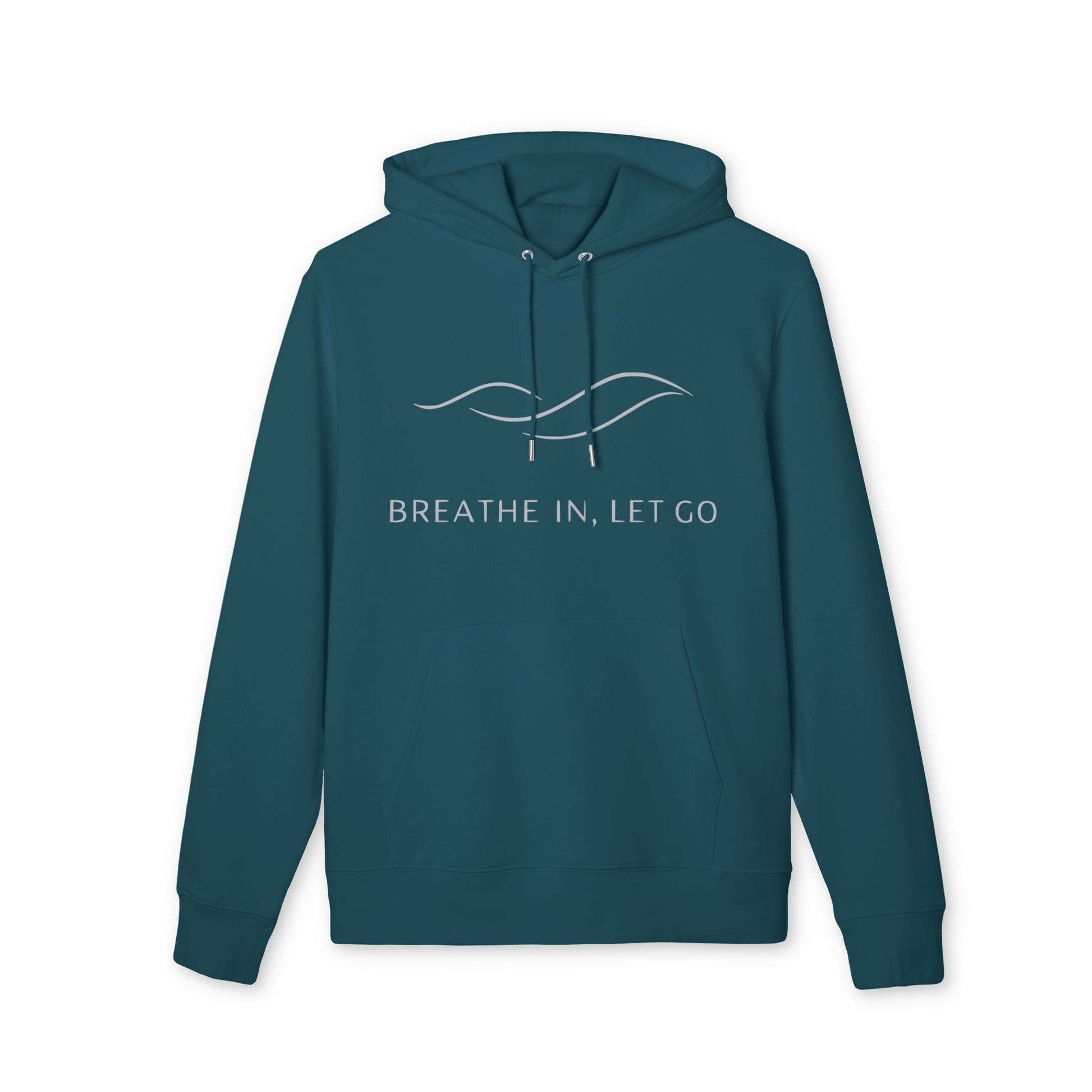 Alt Tag: Breath In Let Go Yoga Hoodie 100% Organic Cotton teal unisex pullover hoodie with drawstring and “BREATHE IN, LET GO” graphic