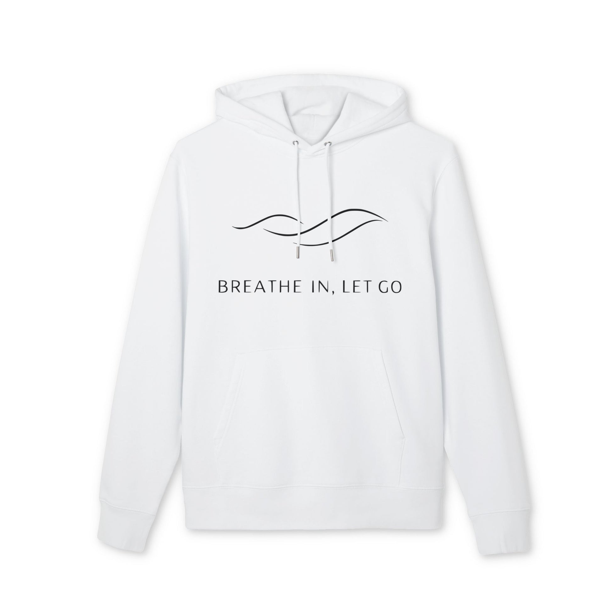 Breath In Let Go Yoga Hoodie 100% Organic Cotton white unisex hoodie with “BREATHE IN, LET GO” text and minimalist line design