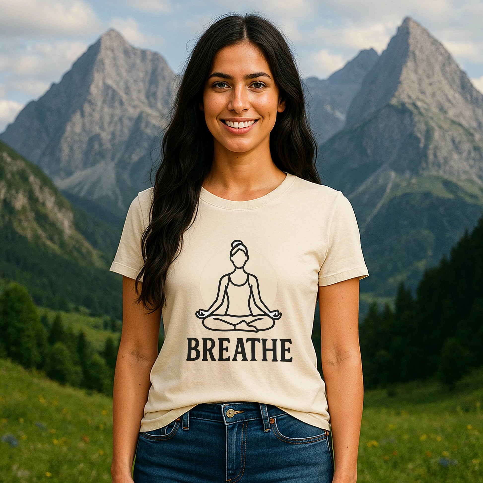 Breathe Yoga Premium Unisex T-Shirt beige con diseño "BREATHE" y figura meditando, modelo al aire libre con montañas de fondo