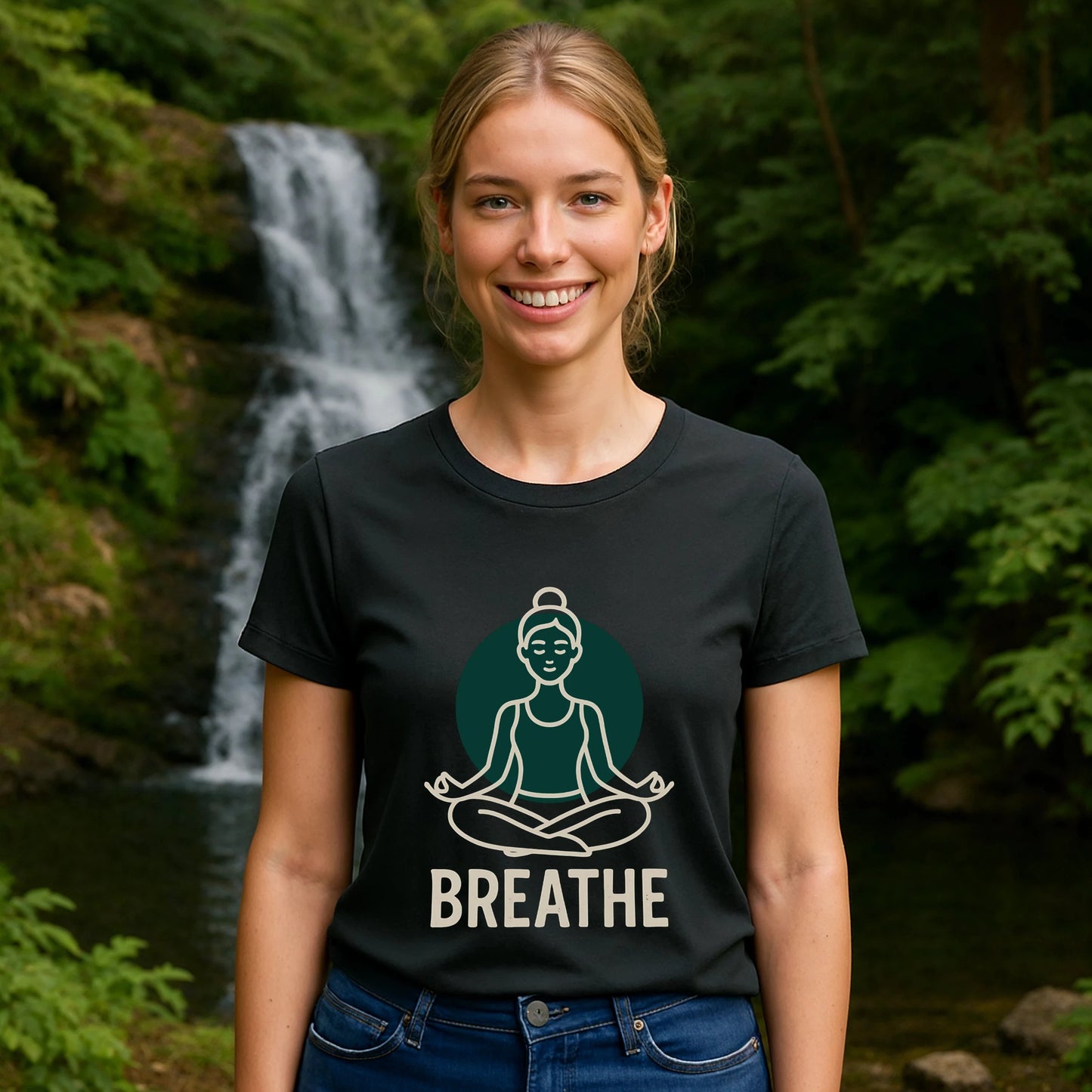 Breathe Yoga Premium Unisex T-Shirt en color negro con gráfico de meditación y texto "BREATHE", modelo al aire libre frente a cascada