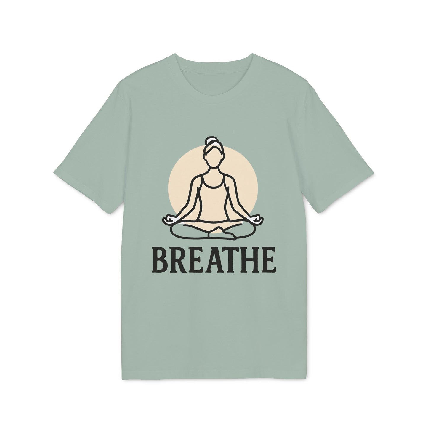 Breathe Yoga Premium Unisex T-Shirt in sage green with meditating figure and “BREATHE” graphic, front view
