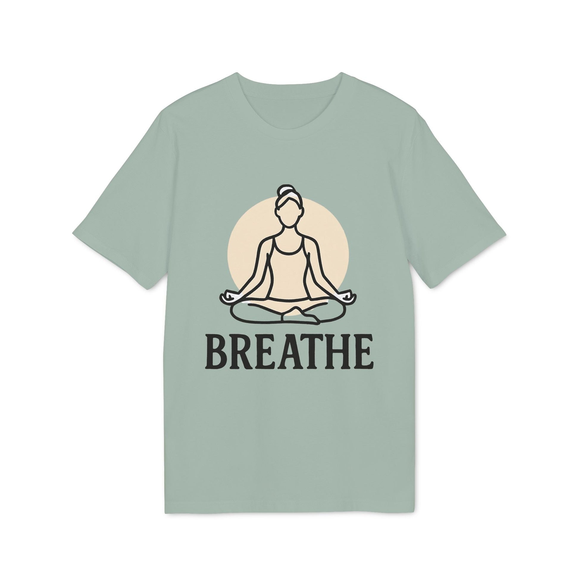 Breathe Yoga Premium Unisex T-Shirt in sage green with meditating figure and “BREATHE” graphic, front view