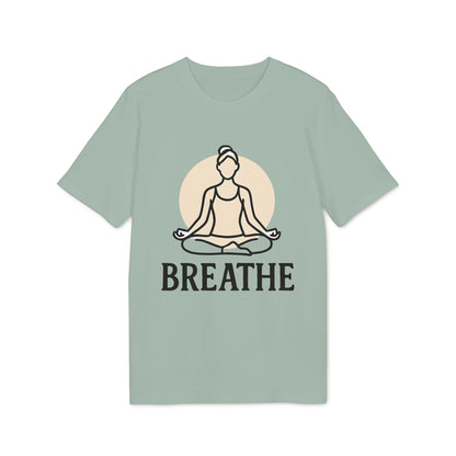 Breathe Yoga Premium Unisex T-Shirt in sage green with meditating figure and “BREATHE” graphic, front view