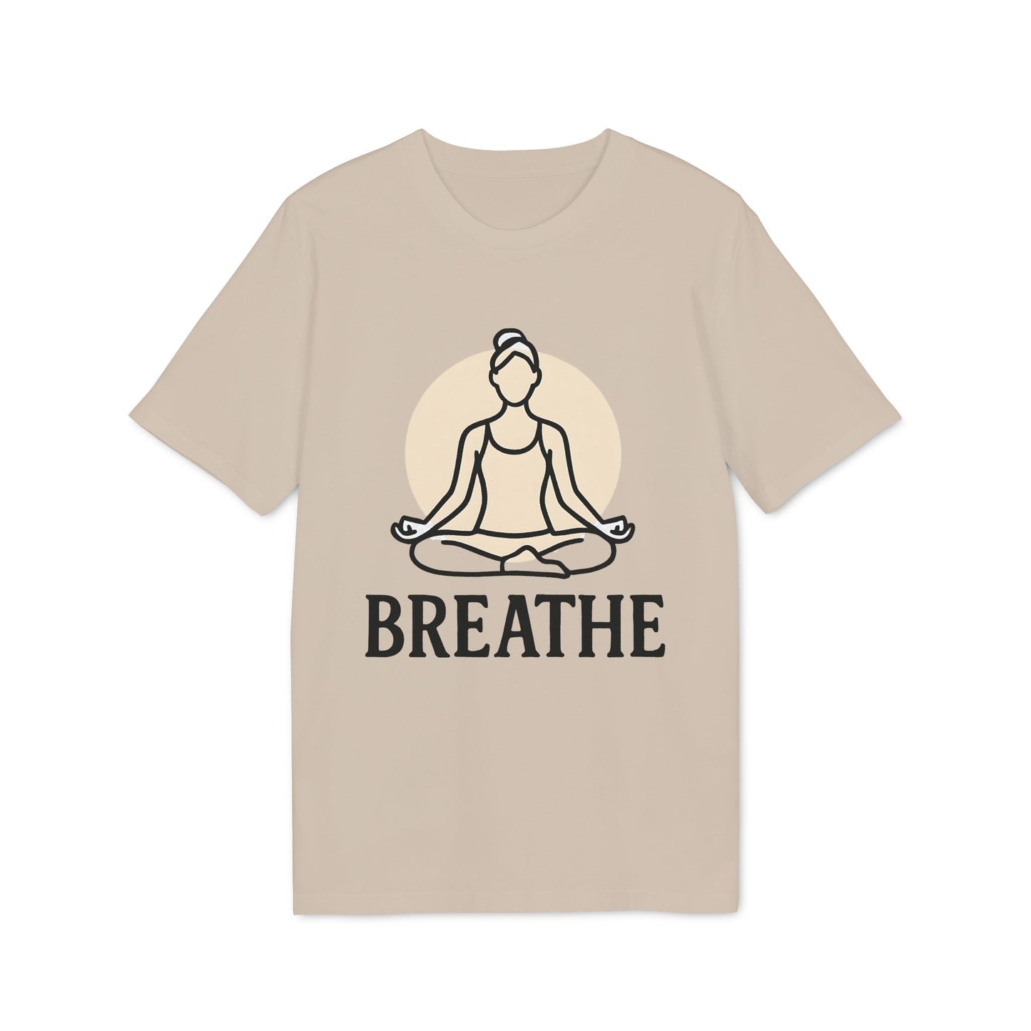 Alt Tag: Breathe Yoga Premium Unisex T-Shirt beige tee with meditating yoga graphic and "BREATHE" text, front view
