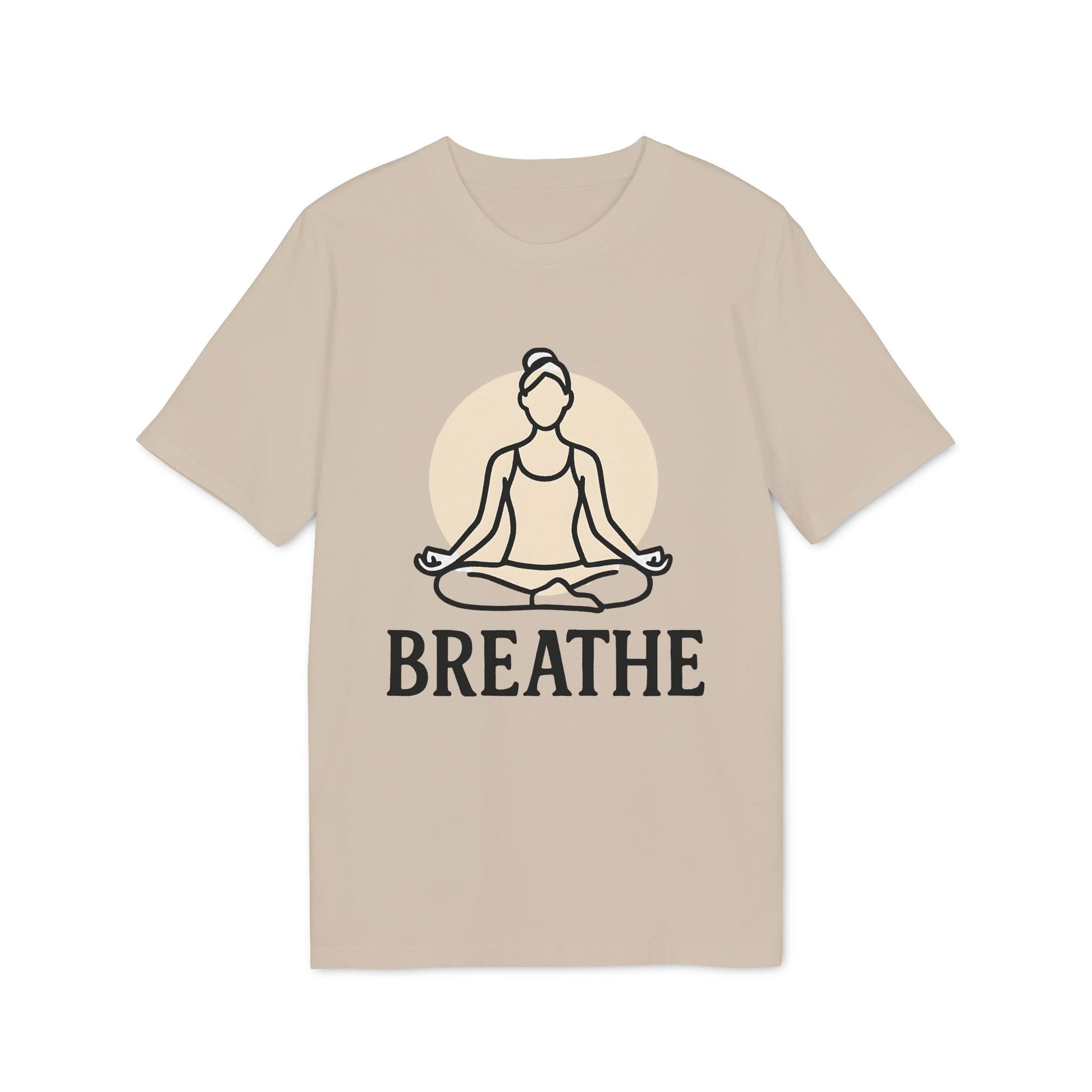 Alt Tag: Breathe Yoga Premium Unisex T-Shirt beige tee with meditating yoga graphic and "BREATHE" text, front view