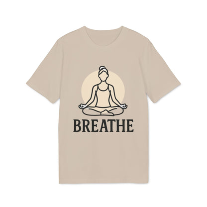 Alt Tag: Breathe Yoga Premium Unisex T-Shirt beige tee with meditating yoga graphic and "BREATHE" text, front view