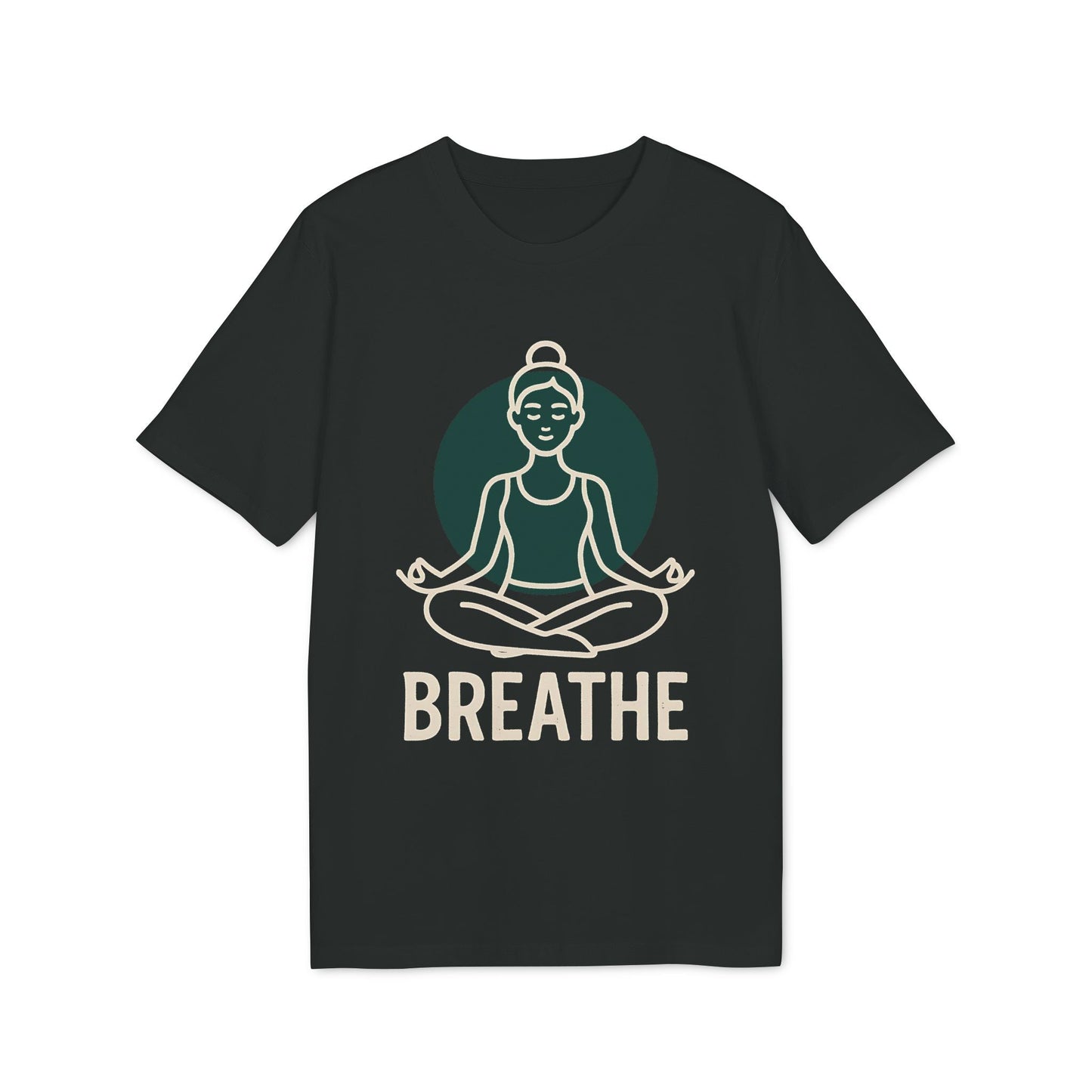 Alt Tag: Breathe Yoga Premium Unisex T-Shirt negra con ilustración de persona meditando y texto “BREATHE”
